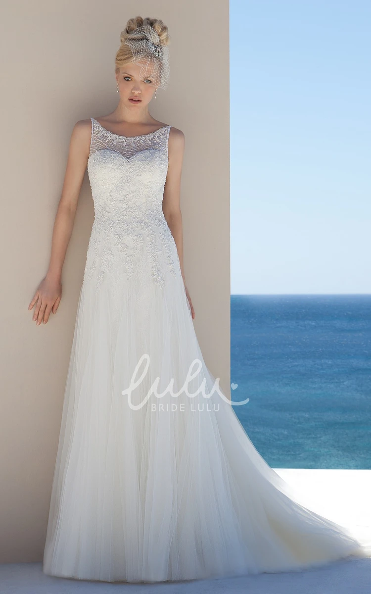 Tulle Scoop-Neck A-Line Wedding Dress with Beaded Appliques and Floor-Length