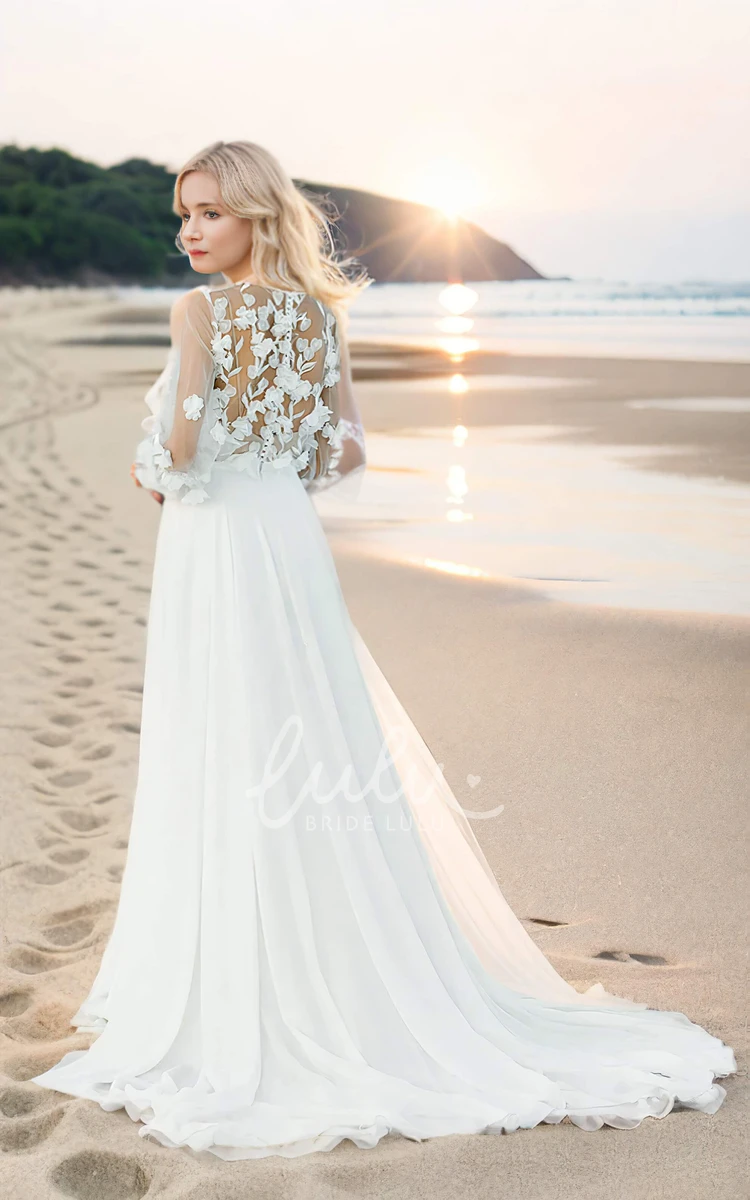 V-neck 3D Lace Flower Long Sleeve A-Line Ethereal Floor-length Wedding Dress with Train