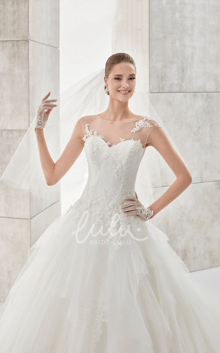 Ruffled A-line Wedding Dress with Jewel-Neck and Illusive Design