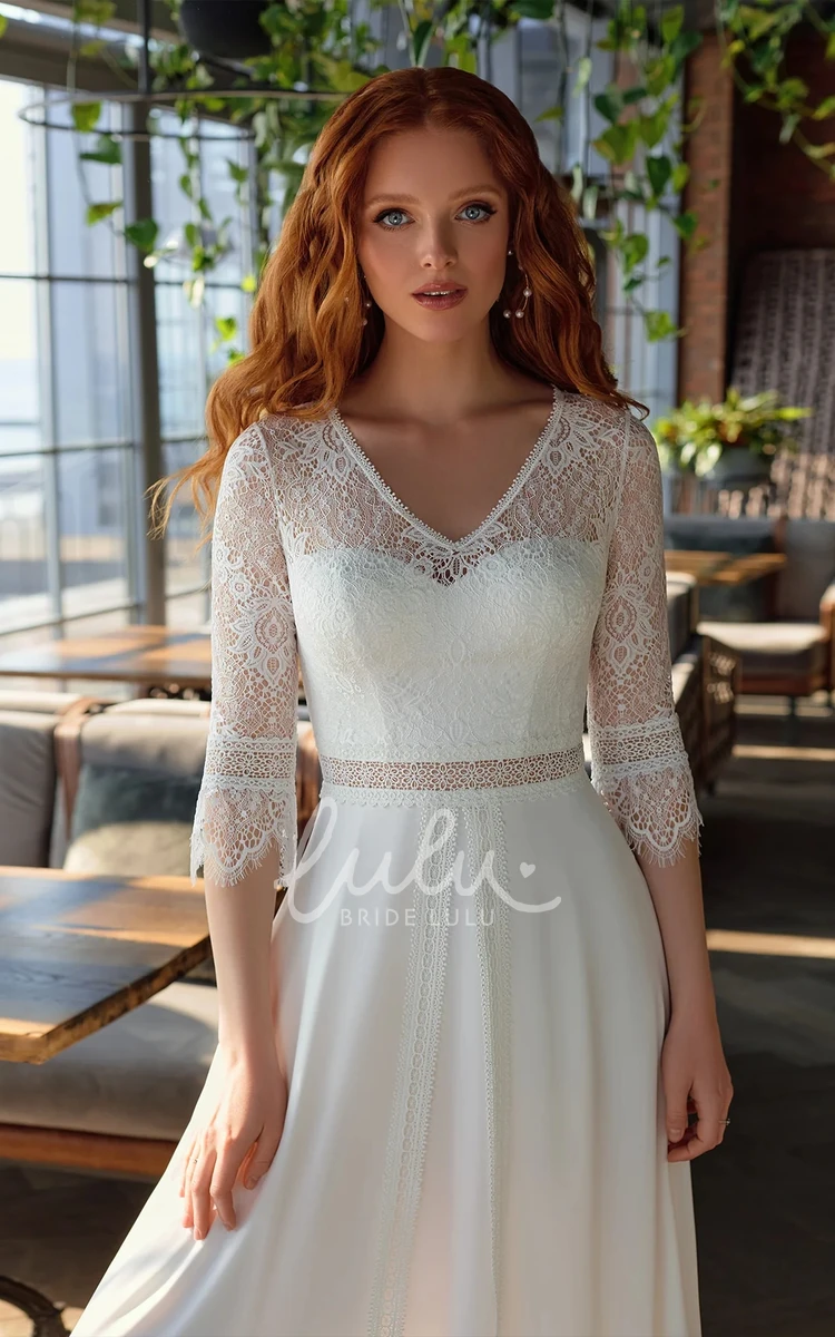 A-Line Satin Gorgeous Sweep Train Lace Illusion Half Sleeve Wedding Dress