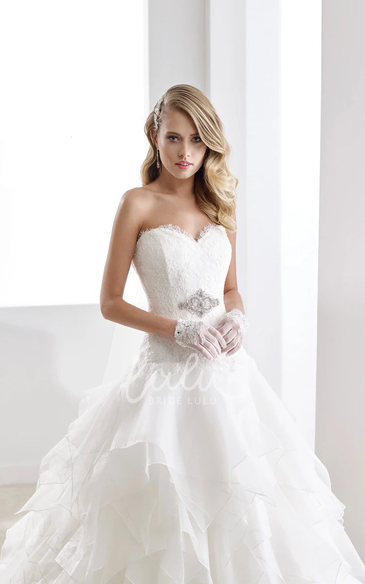 A-Line Wedding Dress with Ruching Cascading Ruffles and Lace Bodice Sweetheart