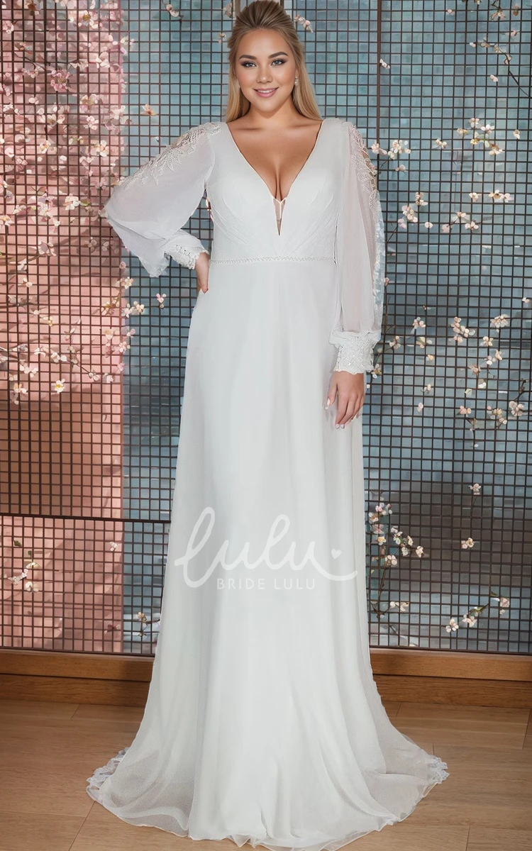 Stunning Plus Size Long Sleeve A-Line White Wedding Dress Sexy Floor-Length Plunging Neckline Gown with Tied Back