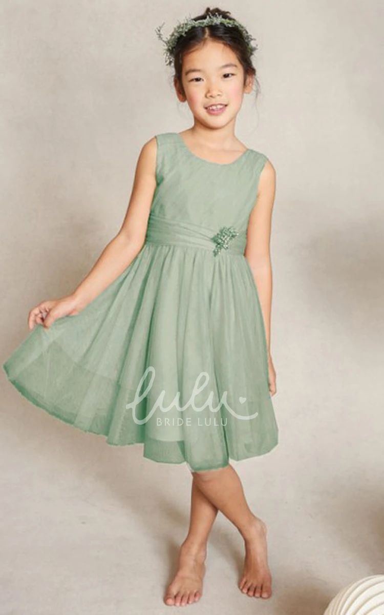 Tulle A-Line Knee-Length Flower Girl Dress with Bow and Pleats Cute Dress