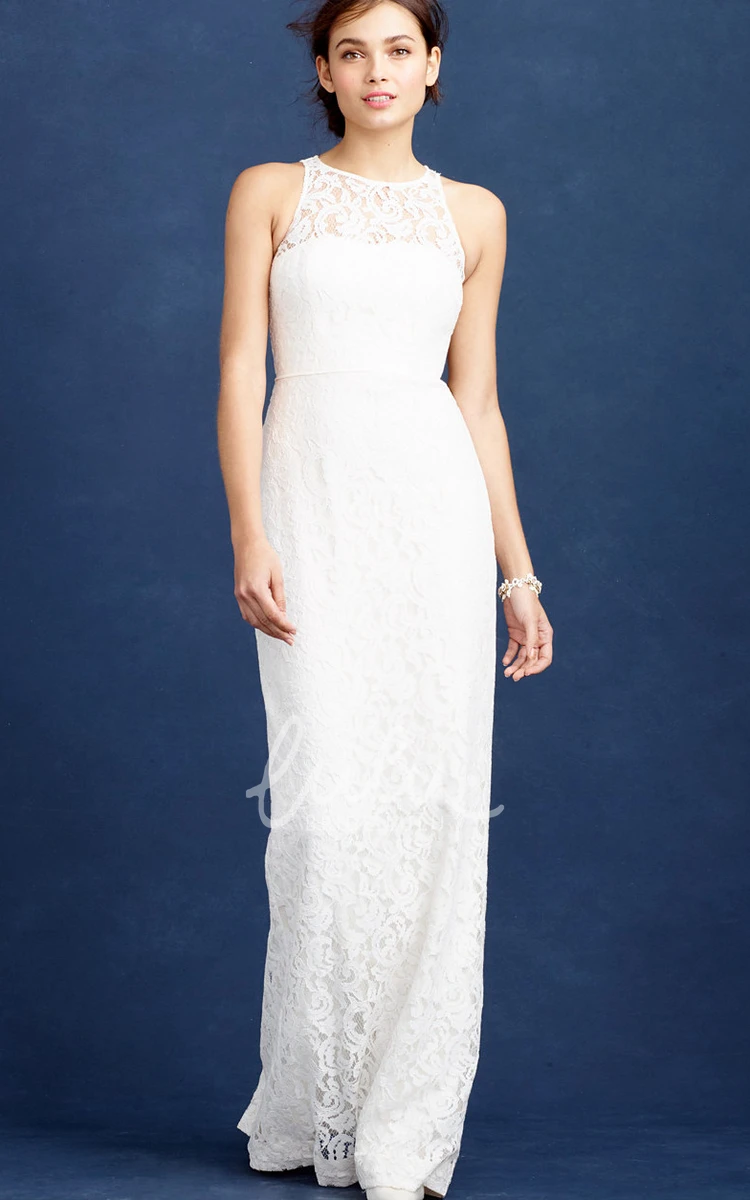 Lace Pencil Wedding Dress with Scoop Neck Sleeveless Design and Split-Back Floor-Length