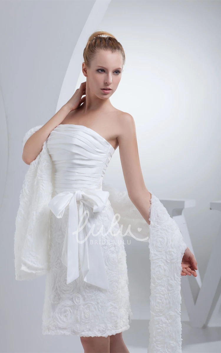 Appliqued Lace Formal Dress with Ruching Knee-Length Strapless Wrap