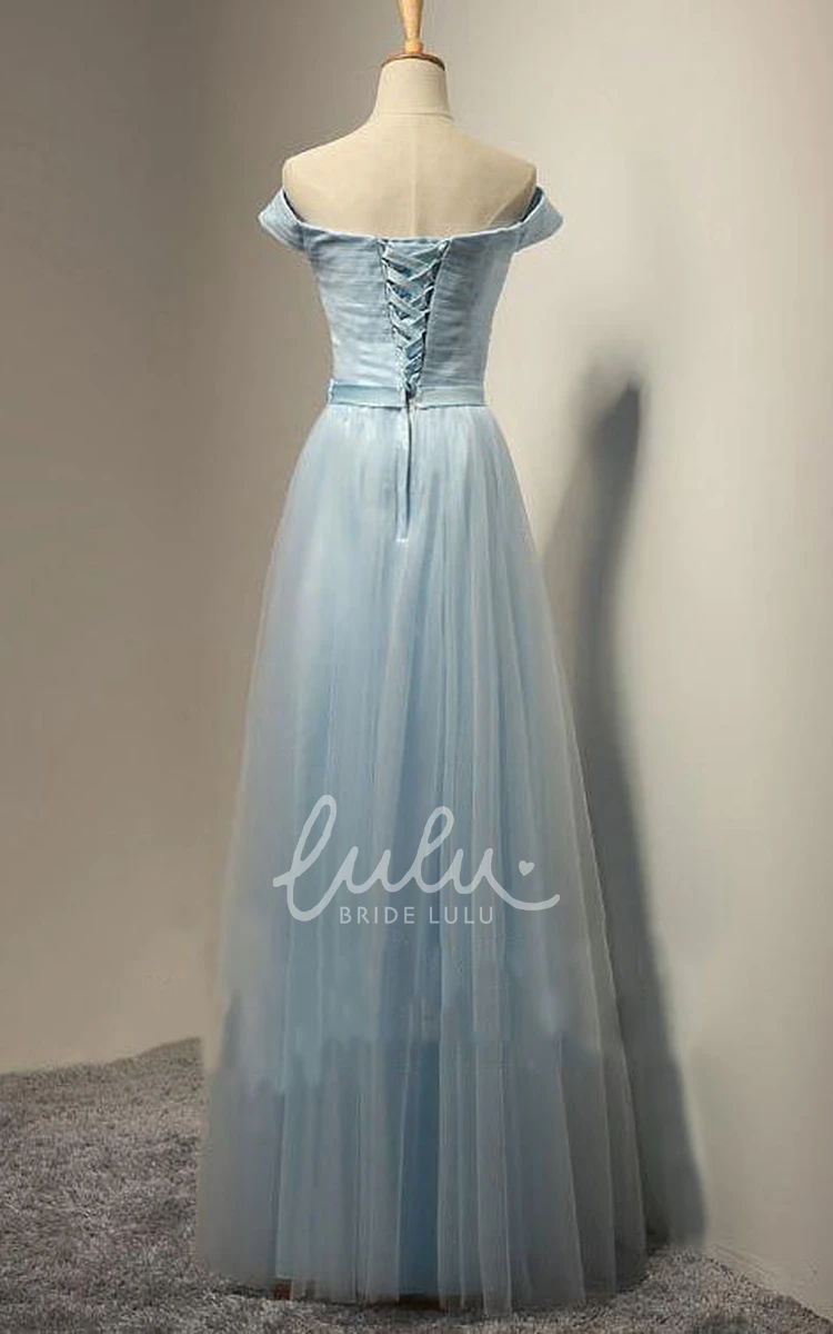 Off-the-shoulder A-line Tulle Dress with Floor-length Pleats Unique Bridesmaid Dress