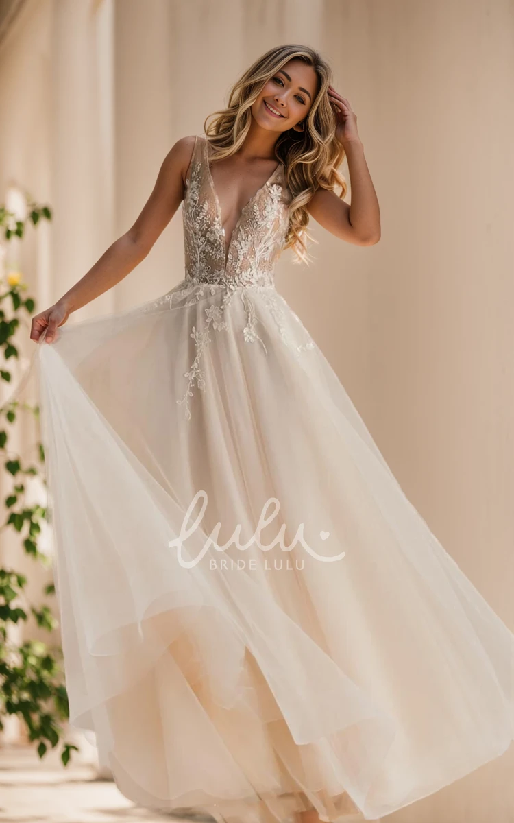 Elopement Princess A-Line Bohemian Lace Wedding Dress Sexy Flowy Fantasy Button Back Sweep Train Bridal Gown with Appliques