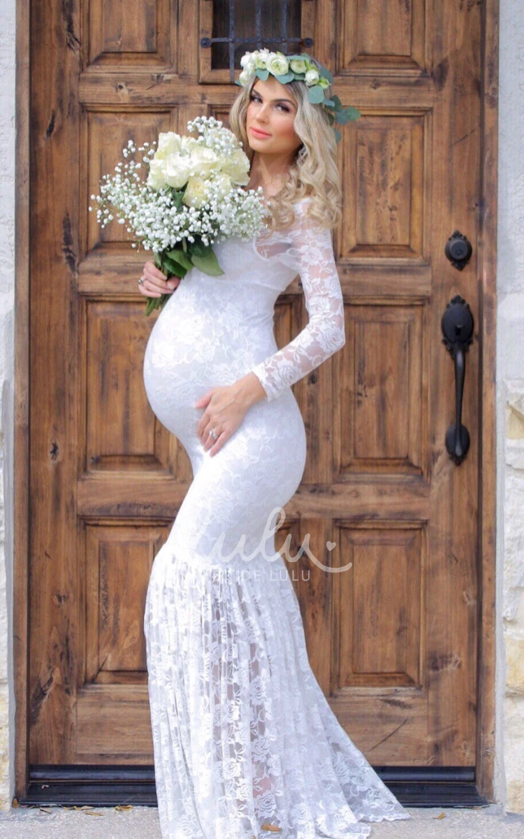 Mermaid Lace Long Sleeve Maternity Wedding Dress Unique Boho Bride Gown