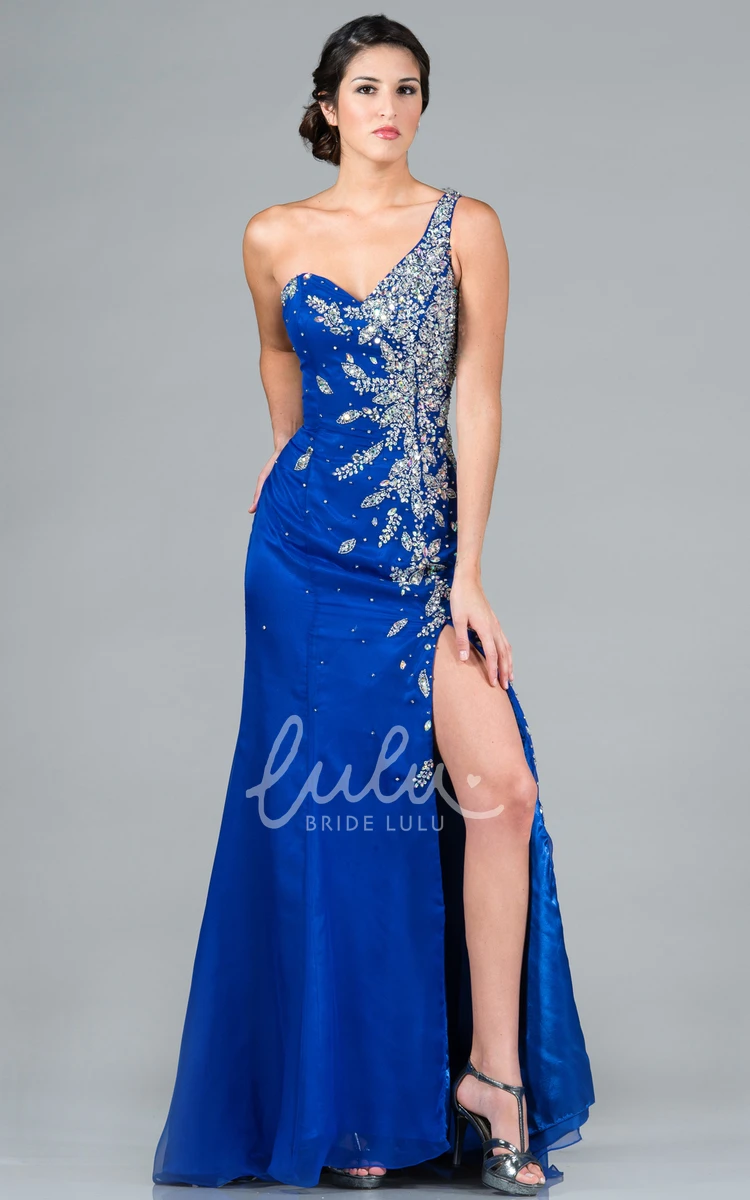 One-Shoulder Sleeveless Dress with Beading and Split Front Sheath Style