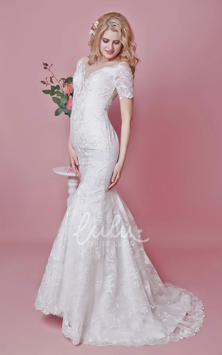 Lace Illusion Back Short Sleeve Trumpet Wedding Dress Modest & Elegant