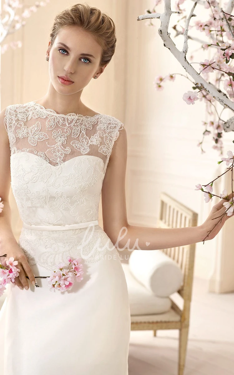 High-Neck Sleeveless Sheath Satin Wedding Dress with Long Lace Modern Wedding Dress