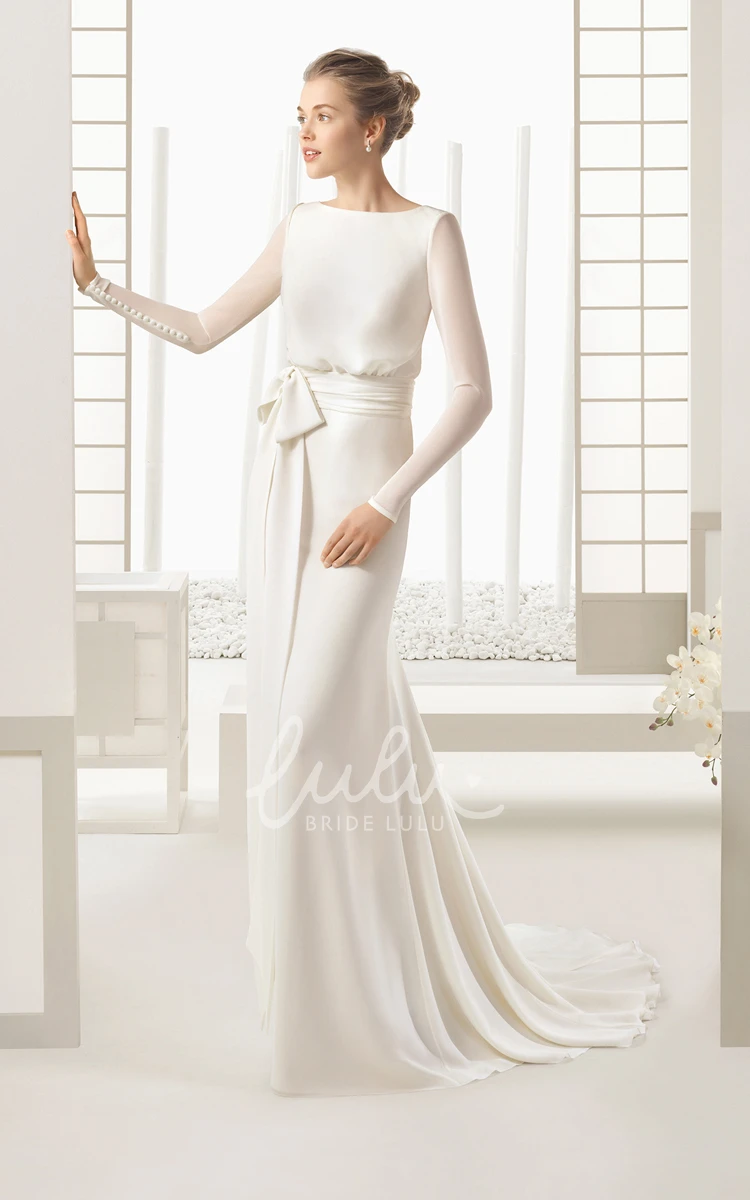 Chiffon Dress with Decorative Buttons and Bow Flowy Long-Sleeved Bridal Gown