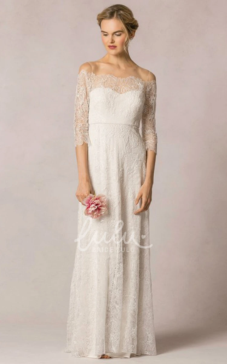 Off-Shoulder Lace Sheath Wedding Dress with 3/4 Sleeves