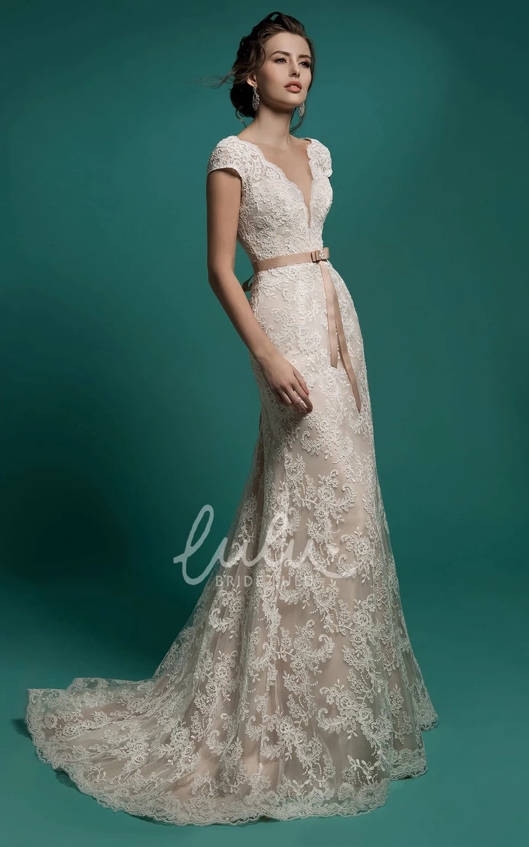 Mermaid V-Neck Lace Prom Dress with Cap Sleeves and Detachable Train
