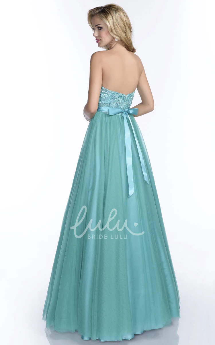 A-Line Tulle Lace Prom Dress with Beaded Waist Long