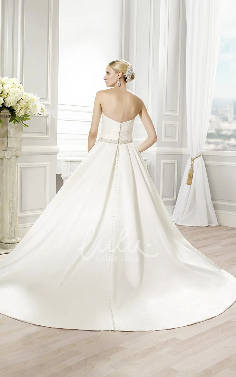 Ball-Gown Strapless Satin Wedding Dress with Ruched Waist Jewelry and Backless Style Elegant Wedding Dress