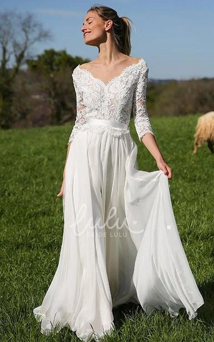 Bohemian Lace Chiffon A-Line Wedding Dress with V-Neck and Floor-Length