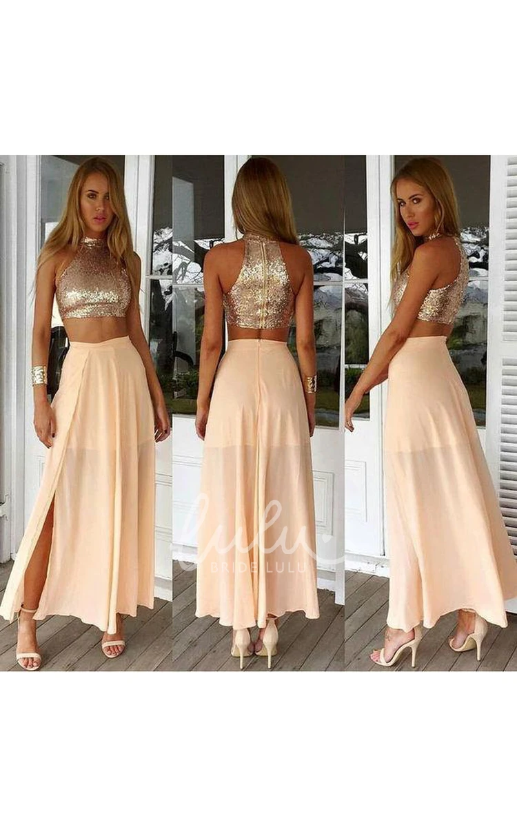 Sequined Two Piece Prom Dress Front Split Floor-length 2024