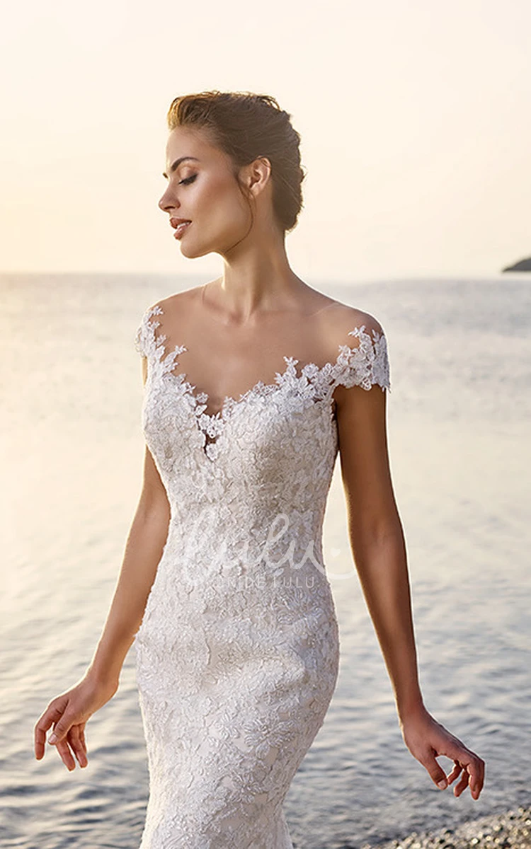 Lace&Tulle Cap-Sleeve Wedding Dress with Appliques Trumpet Style