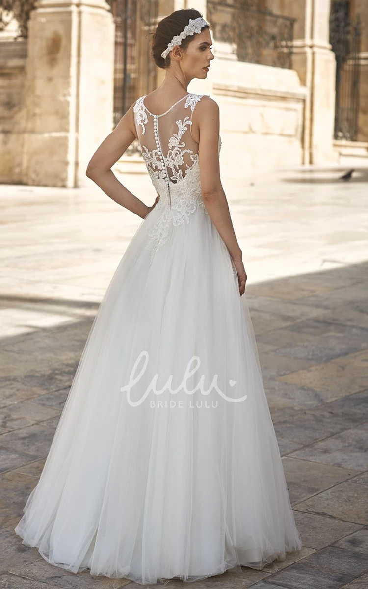 Embroidered Tulle A-Line Wedding Dress with Pleats Floor-Length and Sleeveless