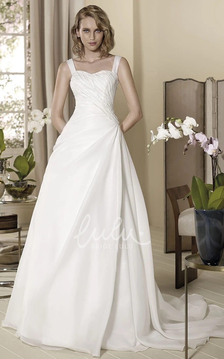 Strapped Beaded A-Line Wedding Dress with Side Draping and Floor-Length