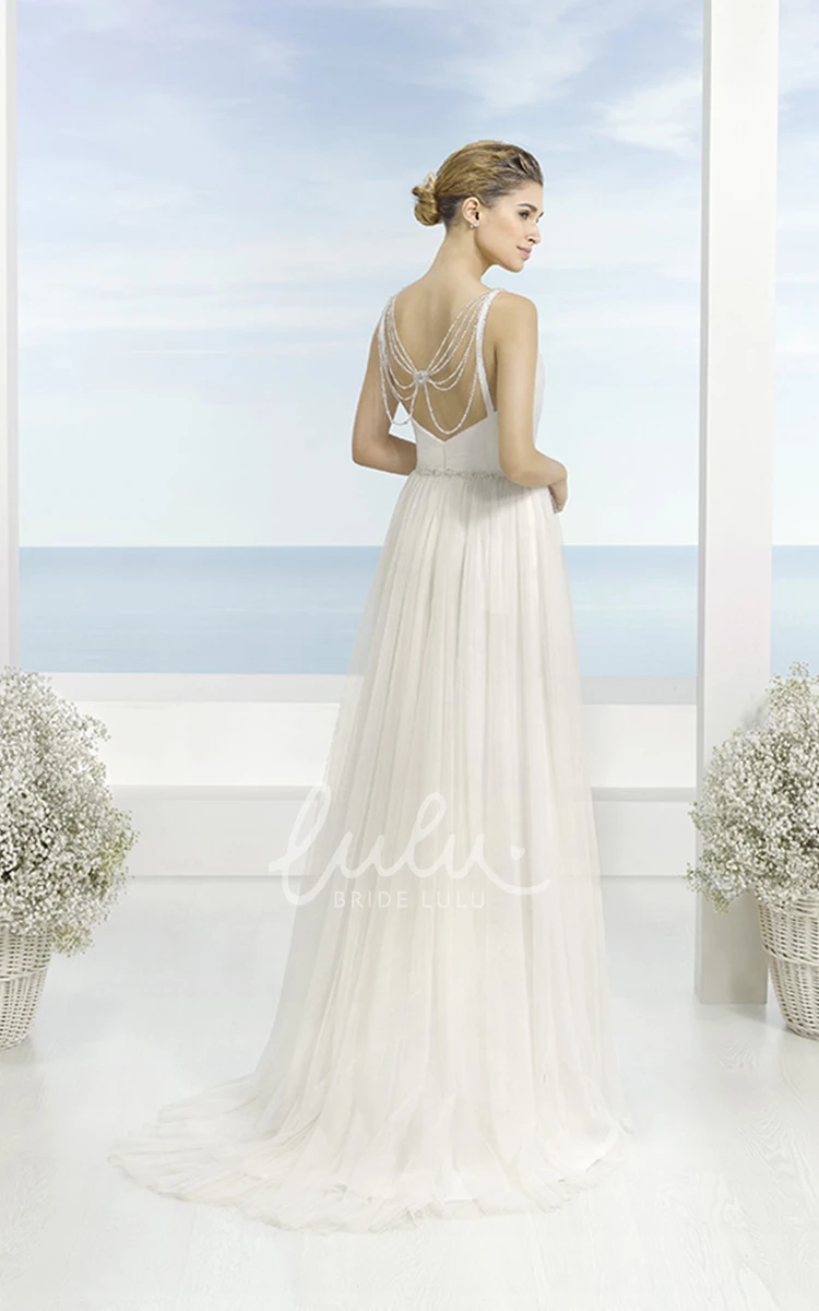 V-Neck Ruched Tulle Wedding Dress with Waist Jewelry and Low-V Back A-Line Wedding Dress