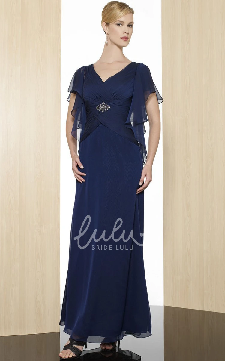 Chiffon V-Neck Ankle-Length Formal Dress with Broach and Ruching
