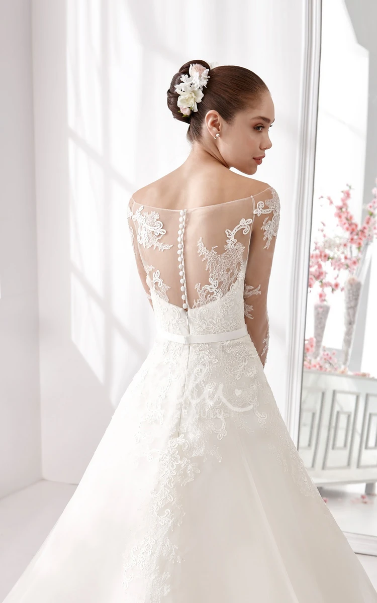 A-Line Wedding Dress with Satin Sash and Lace Bodice 3/4 Sleeves