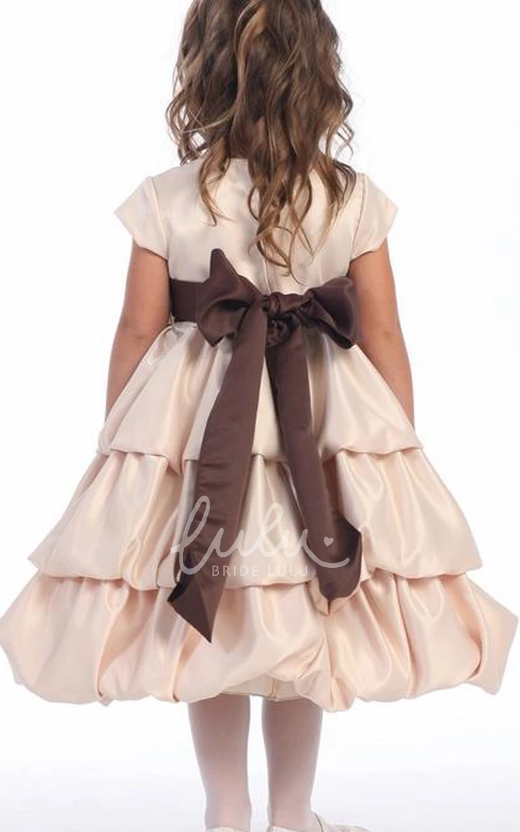 Satin Cap-Sleeve Tea-Length Flower Girl Dress with Bow Modern Wedding Dress for Girls