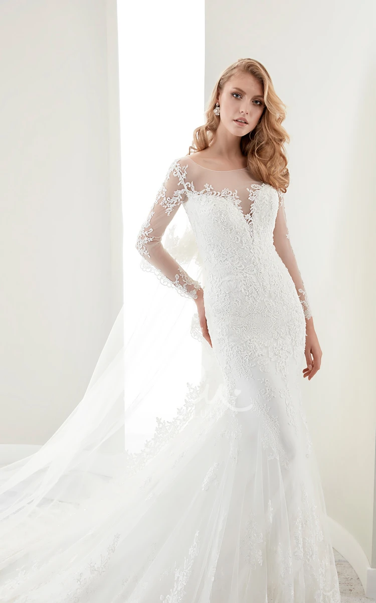 Jewel-Neck Lace Wedding Dress with Illusion Long Sleeves and Crush Train