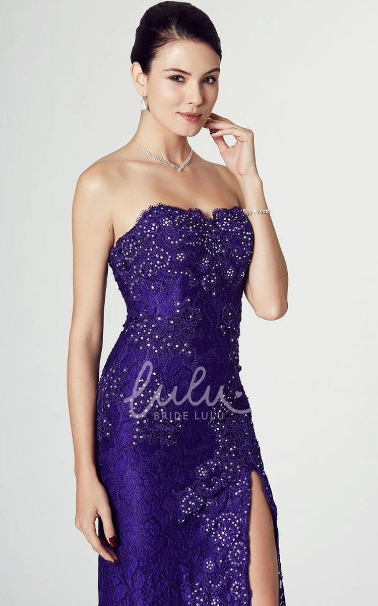 Strapless Lace Prom Dress with Beaded Appliques and Split Front Formal Dress