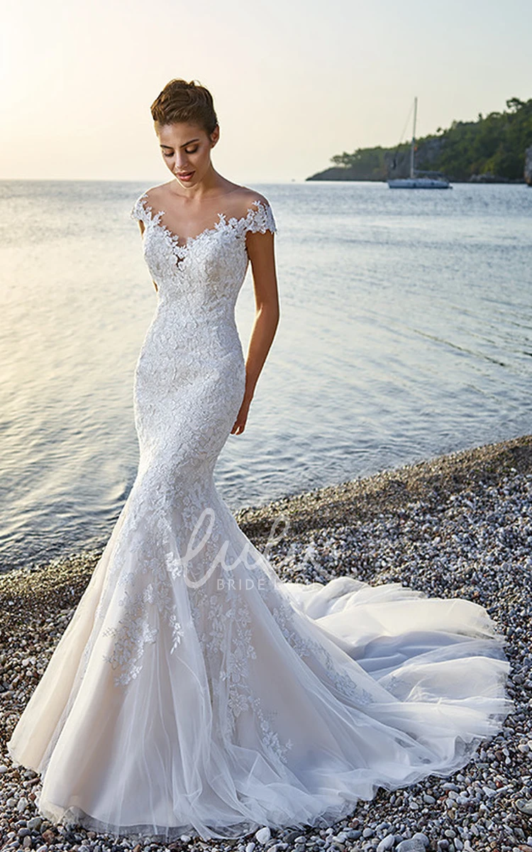 Lace&Tulle Cap-Sleeve Wedding Dress with Appliques Trumpet Style
