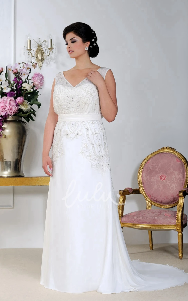 Beaded Chiffon Sheath Dress with V-Neck and Brush Train