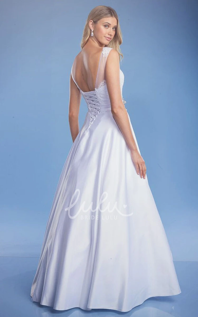 Bateau Lace Maxi Satin Wedding Dress with Broach Classic Wedding Dress