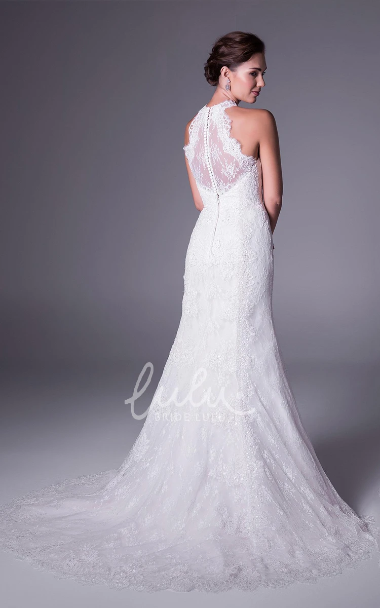 High-Neck Long Lace Wedding Dress Trumpet Appliqued Sleeveless