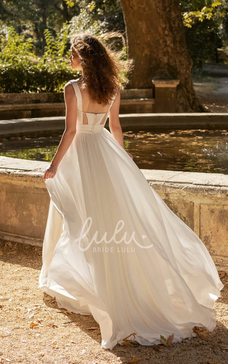 Casual Straps Sleeveless Satin Wedding Dress with Illusion Long Train