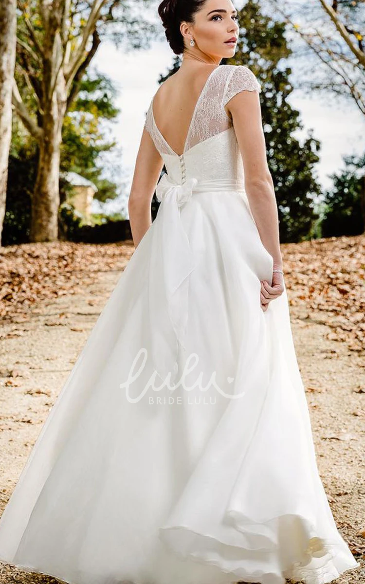 Lace Chiffon A Line Wedding Dress with Deep-V Back and Ribbon Simple and Elegant