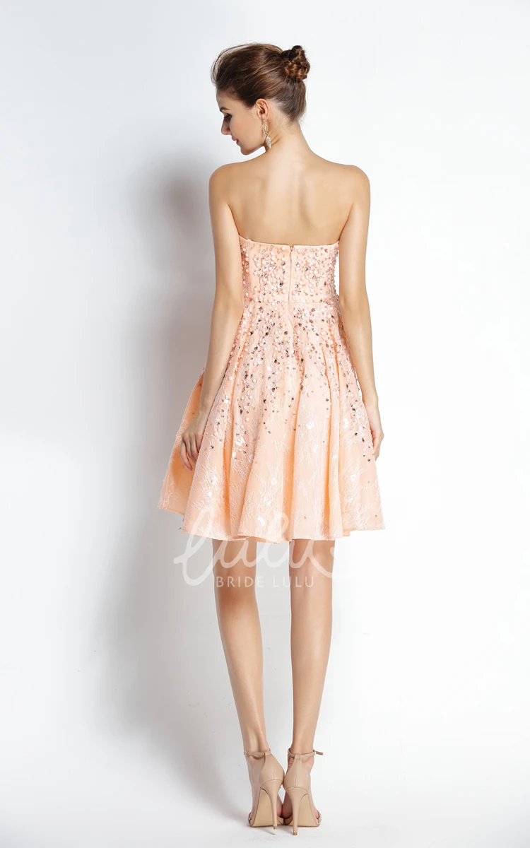 Lace Prom Dress with Beading A-Line Strapless Sleeveless Knee-length