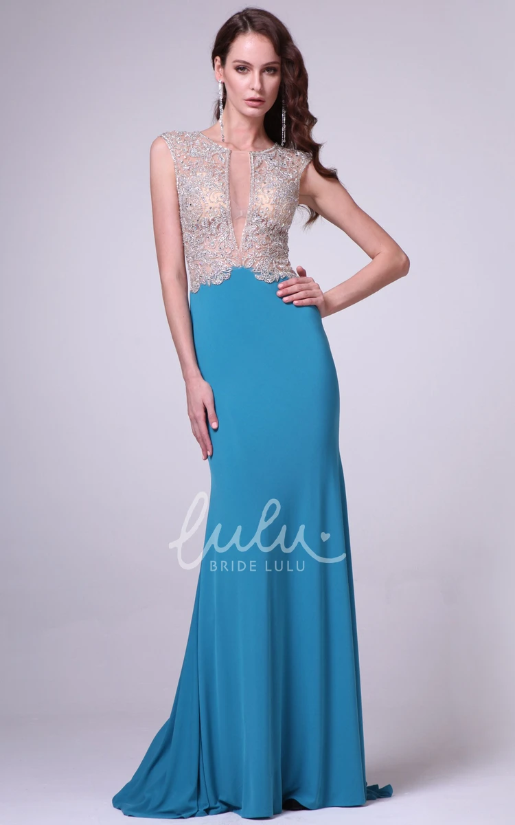 Maxi Sleeveless Sheath Jersey Bridesmaid Dress with Jewel Neckline and Beading