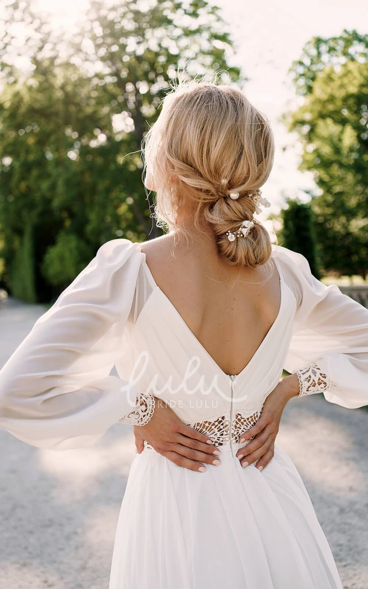 Vintage Plus Size Long Sleeve Flowy Bridal Dress White Rustic Chiffon A-Line for Older Women