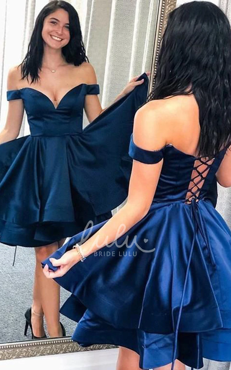 Satin Off-the-shoulder Short Sleeve Tiered Homecoming Dress Simple Pleated