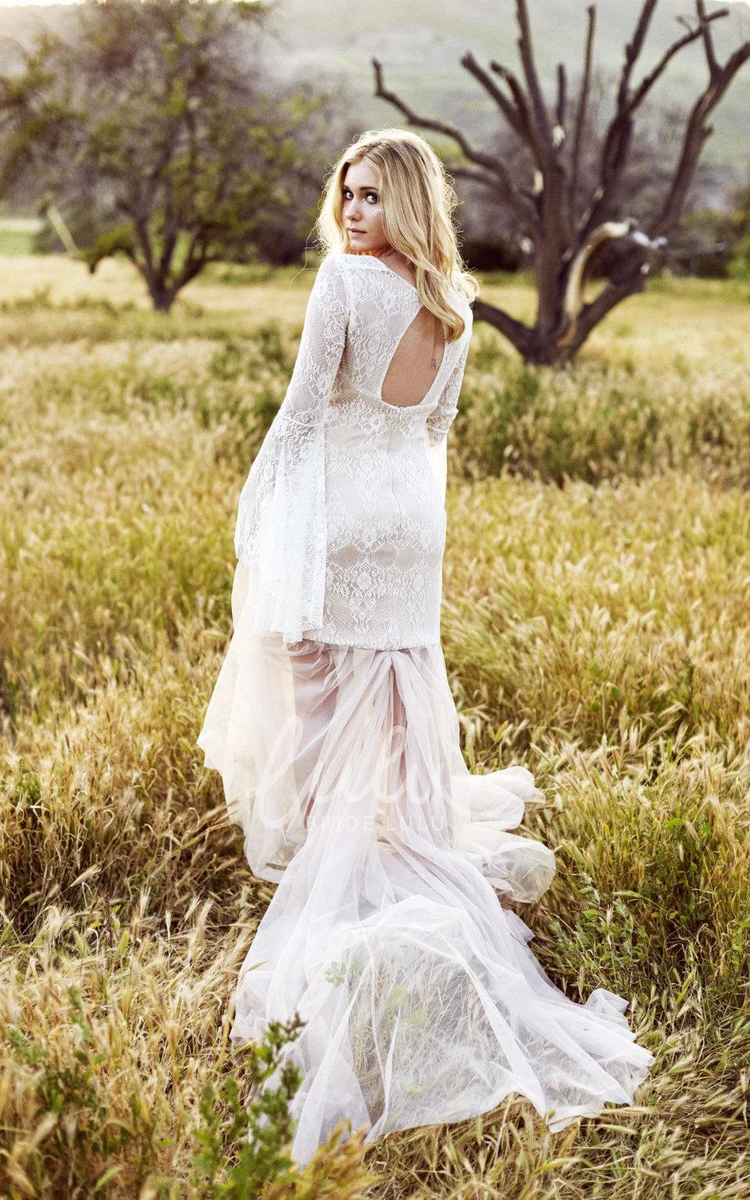 Vintage Lace Tulle Dress with Puff Sleeves and Sweep Train Classic Bridal Gown