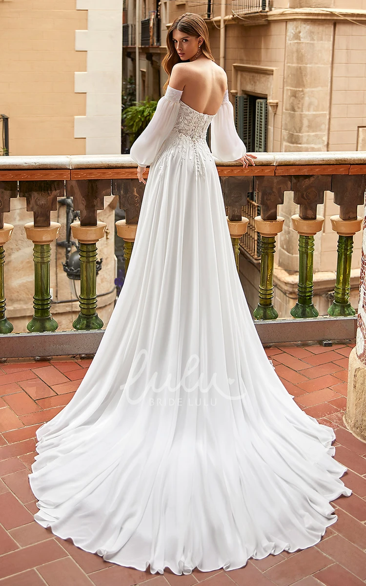 V-neck A-Line Beach Wedding Dress with Appliques Flowy Bridal Gown
