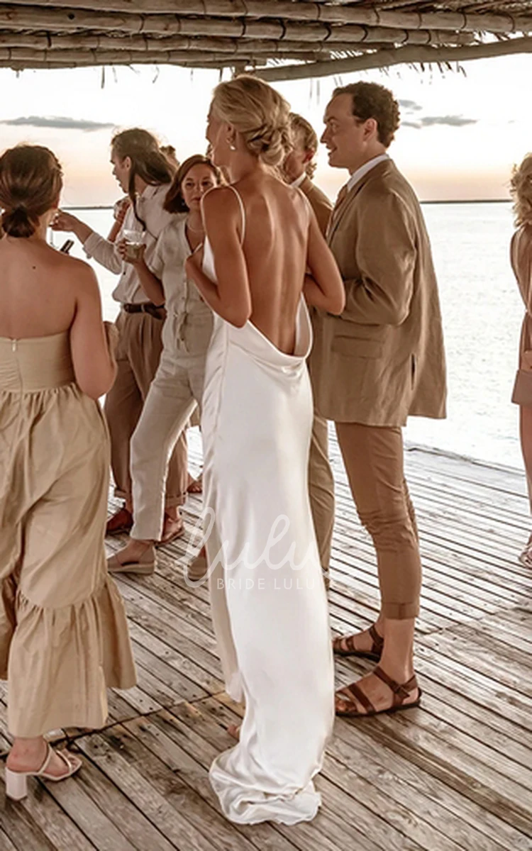 Simple Casual Sexy Spaghetti Straps Sleeveless Sheath V-neck Satin Solid Color Beach Floor-length Backless Wedding Bridal Dress