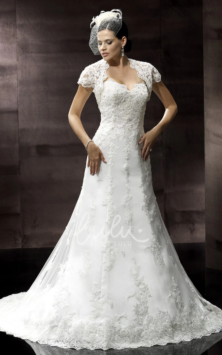 Lace Cap-Sleeve A-Line Wedding Dress With Court Train Elegant Women's Bridal Gown