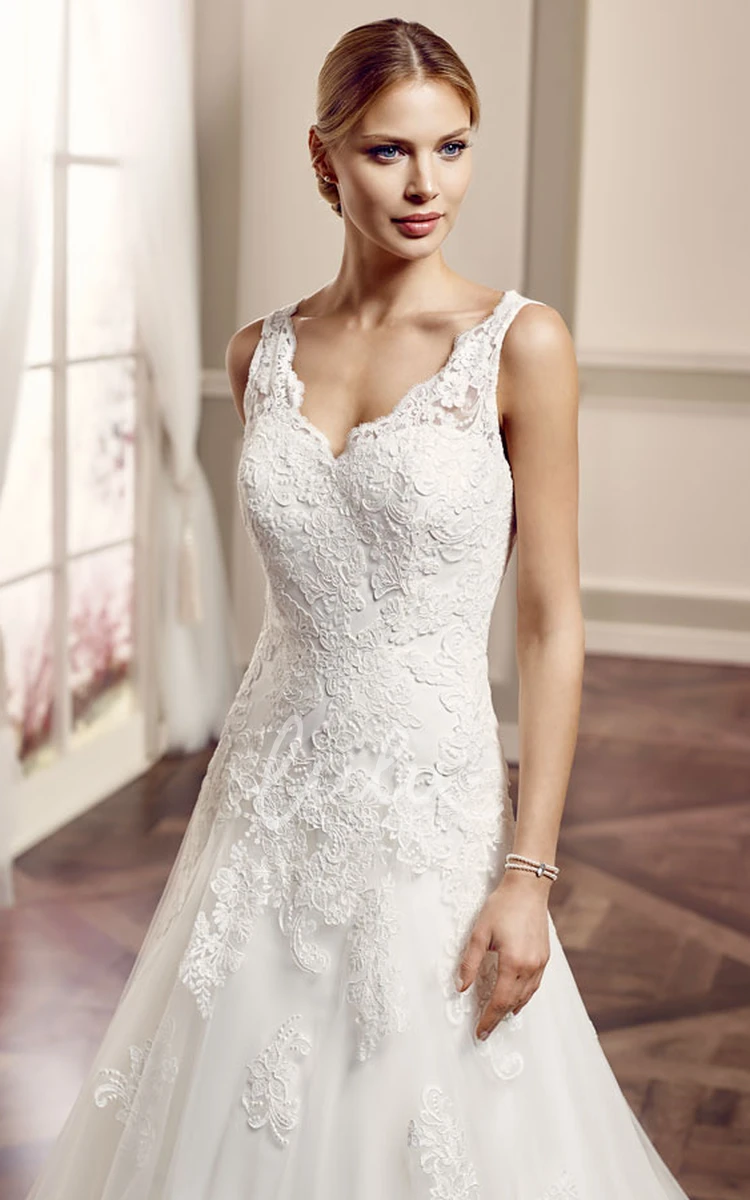 Appliqued Lace V-Neck Wedding Dress with Court Train A-Line Sleeveless