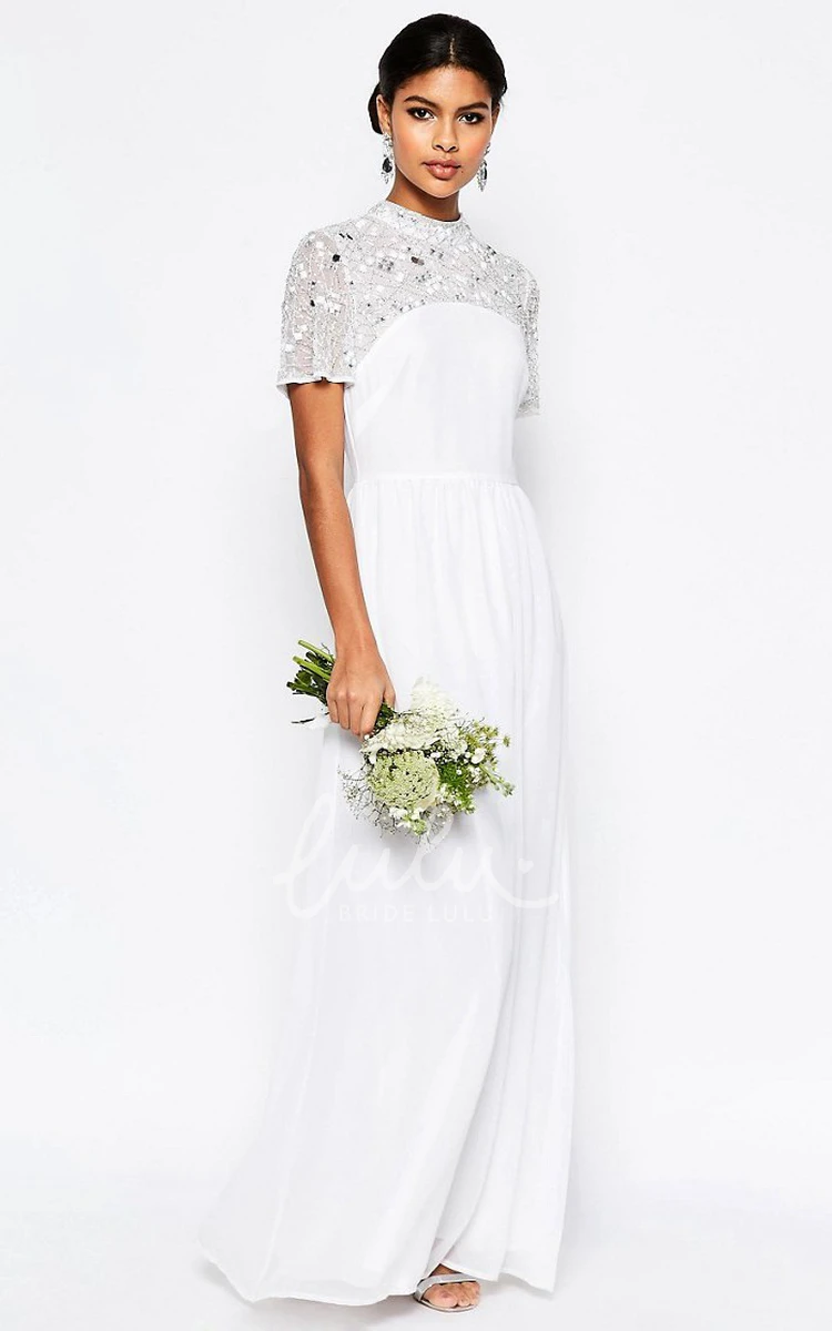 High Neck Short-Sleeve Sequin Sheath Wedding Dress Modern Floor-Length Gown