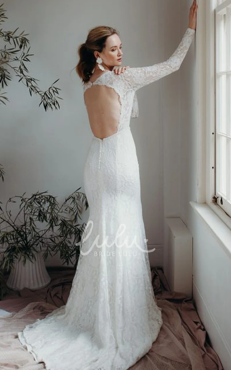 Sexy Sheath Lace Wedding Dress with Plunging V-neck Long Sleeves and Keyhole Back