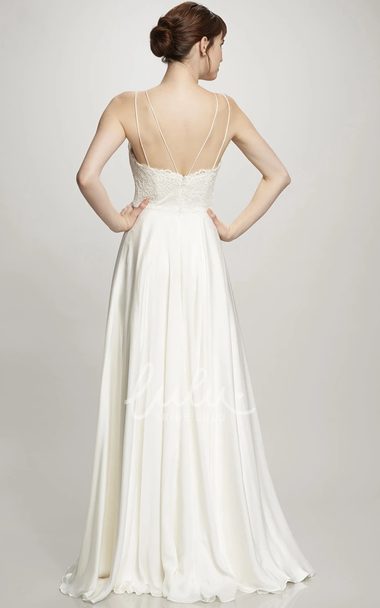 Chiffon Spaghetti Wedding Dress with Appliques Long Pleated