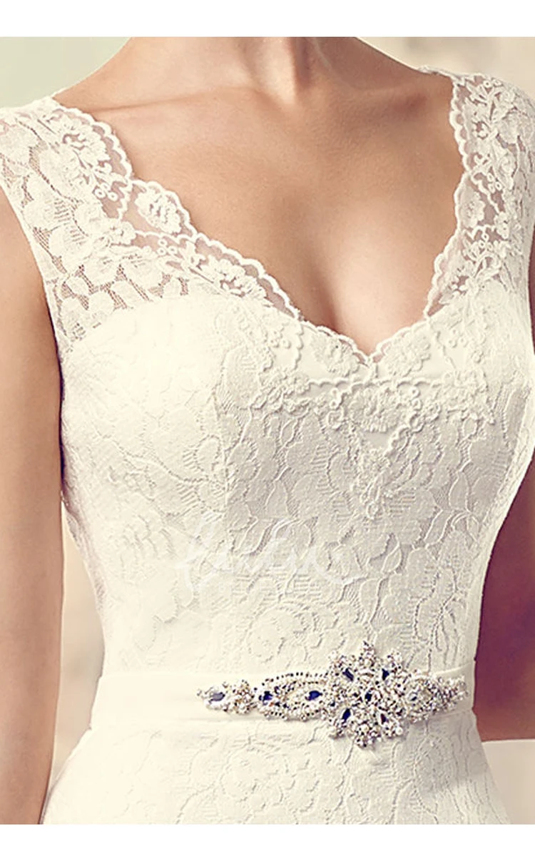V-Neck Jeweled Lace Wedding Dress with Illusion and Sweep Train Long Style